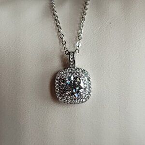 1ctw White Moissanite w/Pink & White Halo Square Pendant Silver Necklace
